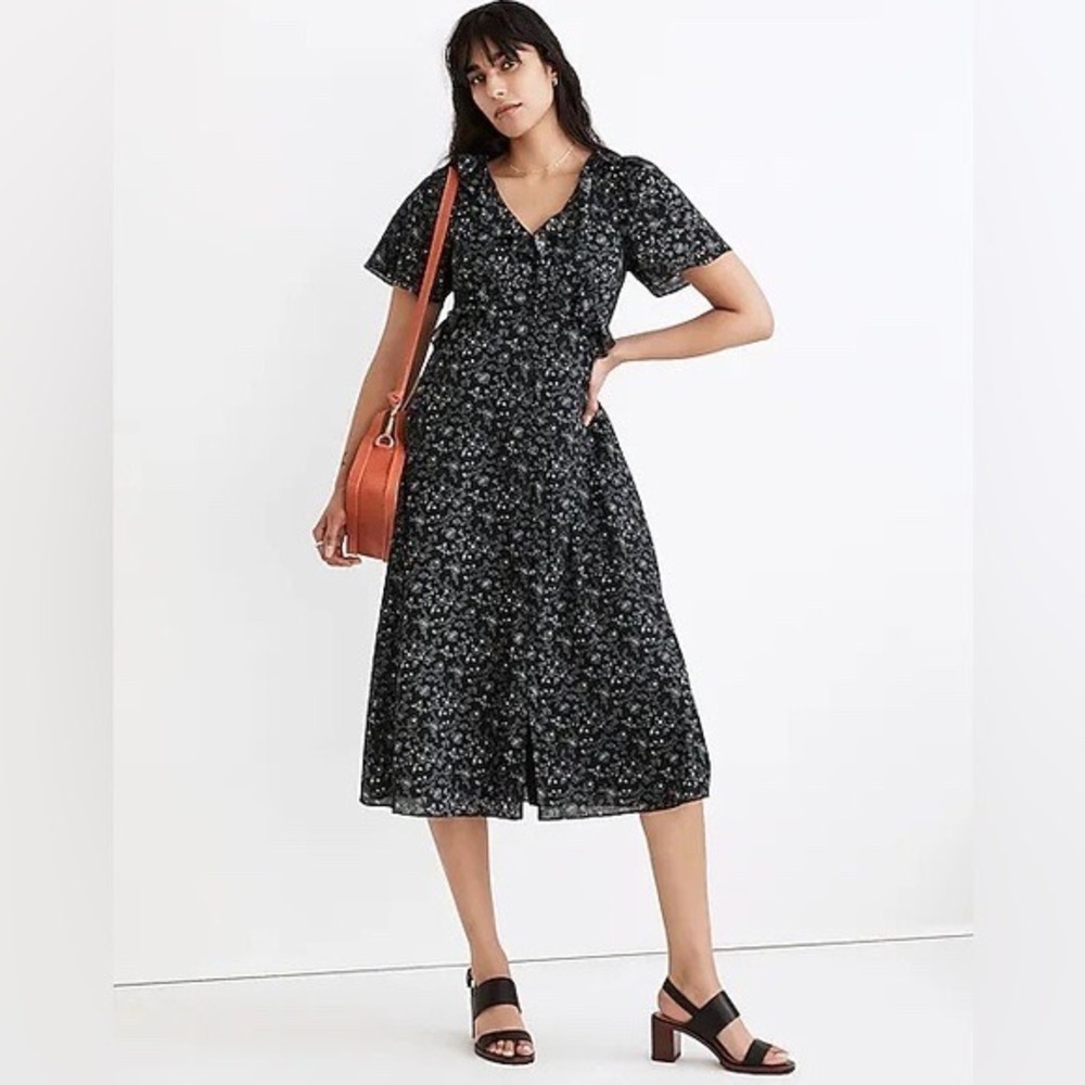 Madewell Dotted Vines Black Floral Flutter Sleeve Ruffle Midi Dress 0 Cotton